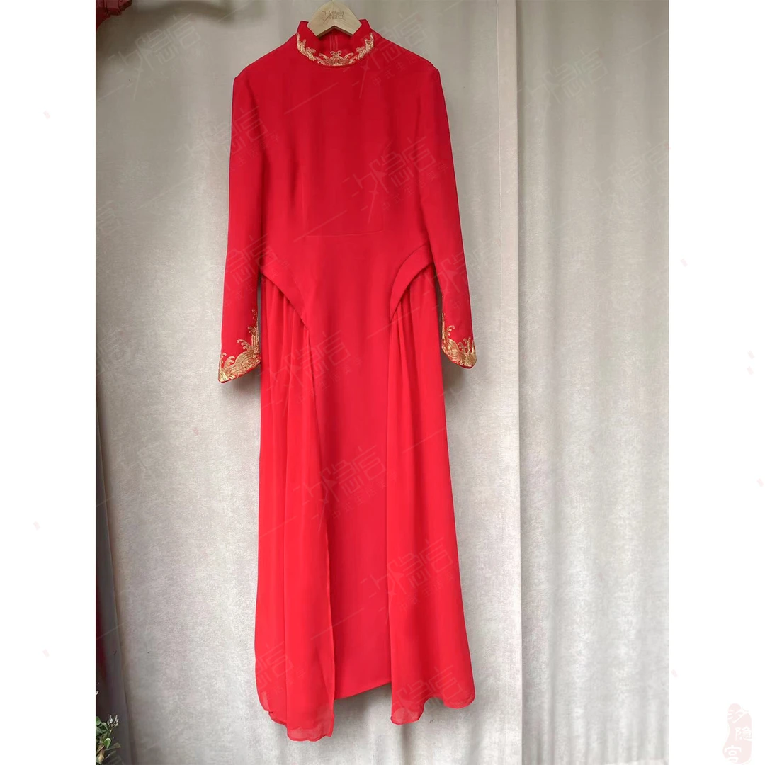 【纳兰】春秋国风立领刺绣拼接气质纯色长款连衣裙