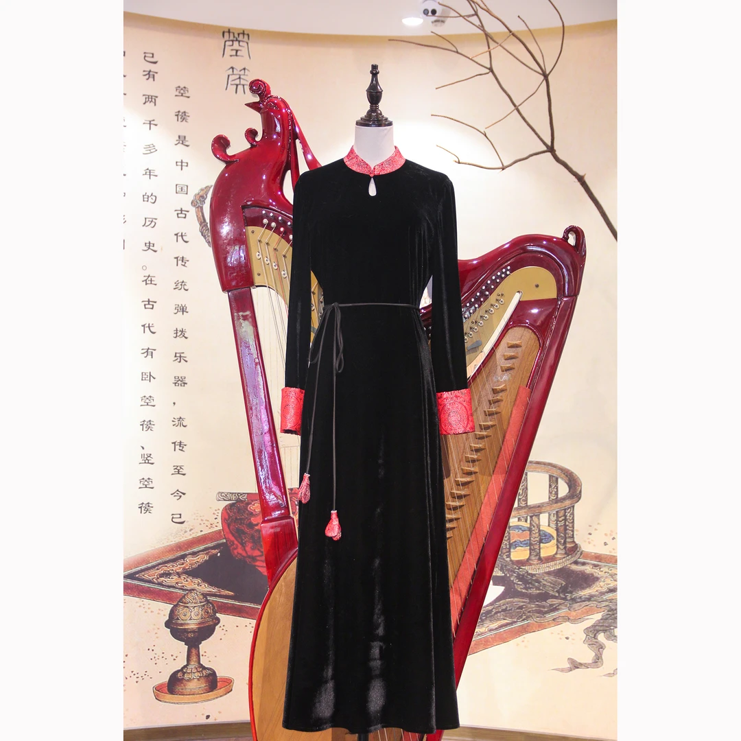 【笙歌月】秋季新中式国风黑色拼接撞色袖口轻奢气质长款连衣裙