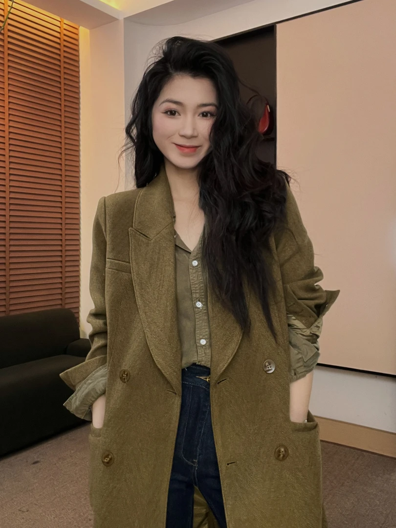 【GUIGUI】时尚人字纹双面呢大衣女2024秋冬新款双排扣外套S4289