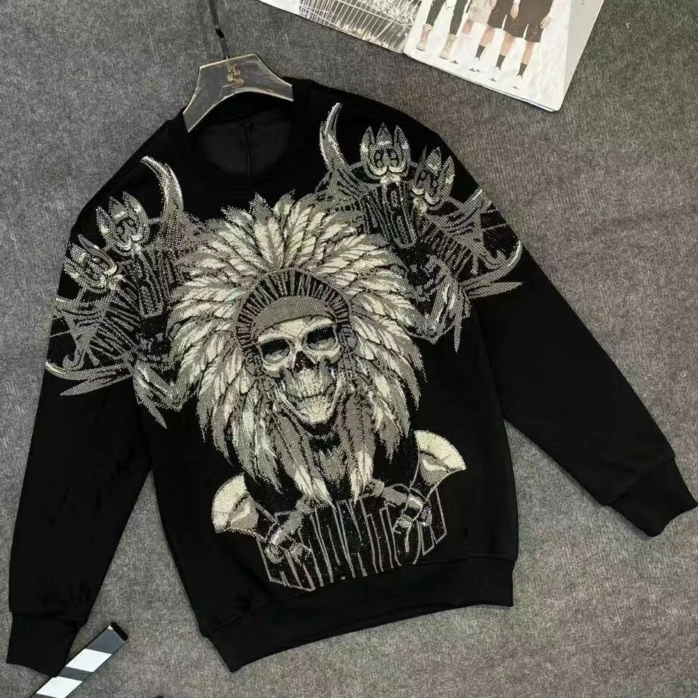 印第安人春季新款潮牌烫钻骷髅头长袖卫衣套装一整套男士高档套装