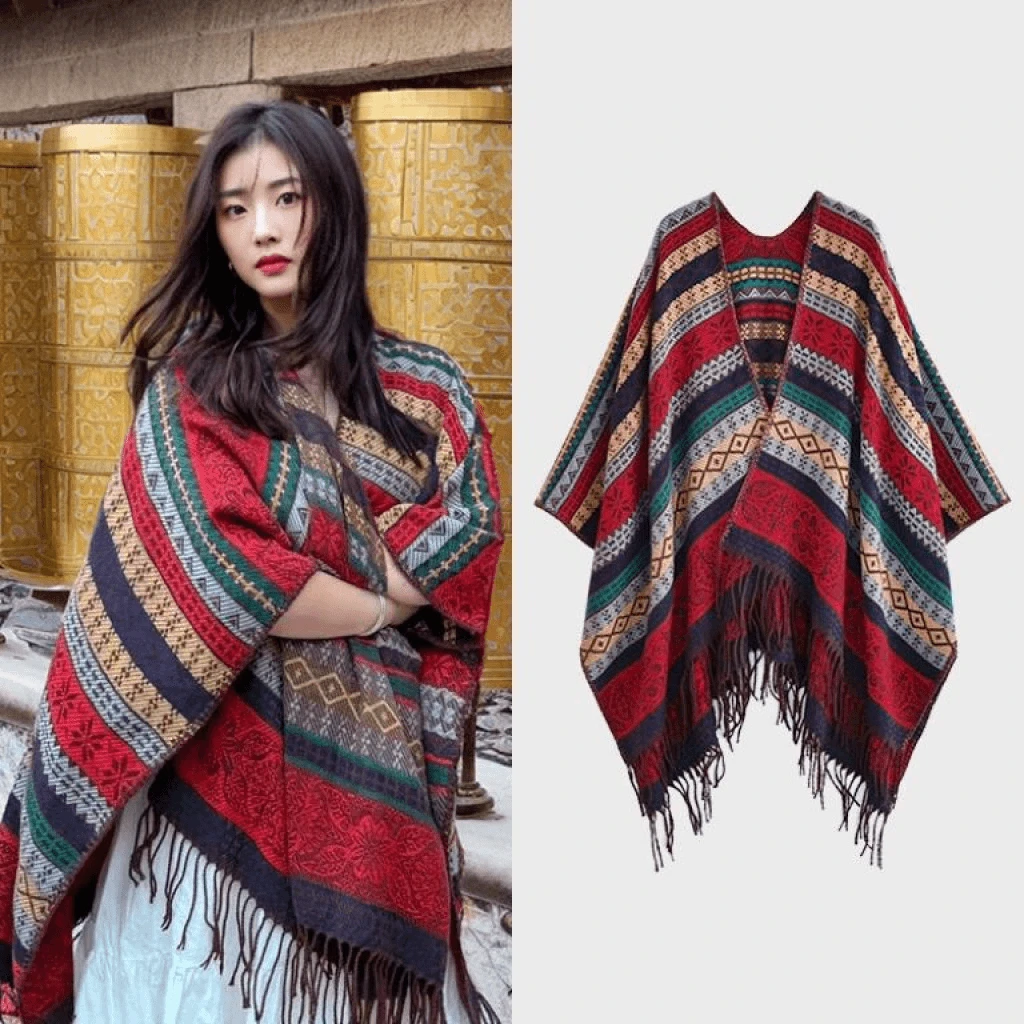 波西米亚风秋冬季披肩外搭护肩旅游穿搭流苏百搭时尚披肩长款