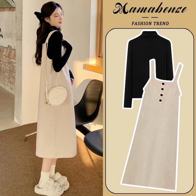 孕妇连衣裙两件套装时尚宽松显瘦中长款洋气背带裙2024新款春秋冬