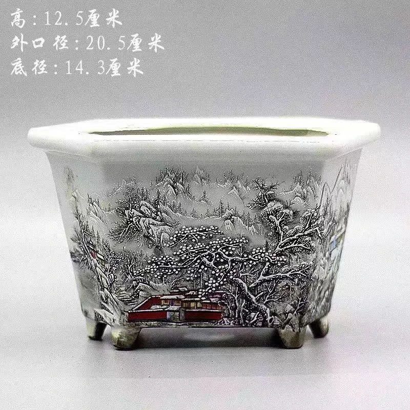 复古粉彩雪景六方花盆仿古瓷器家居摆件盆景古董古玩收藏老货旧货
