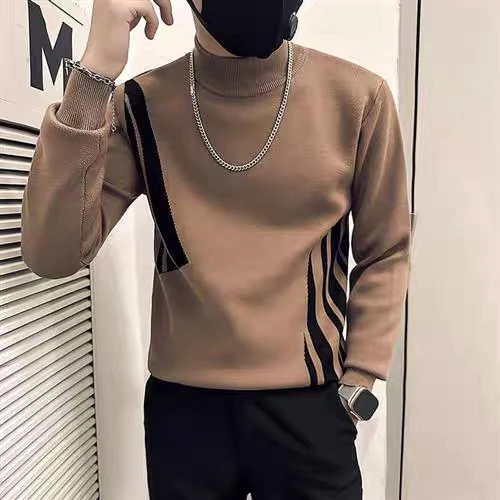 冬季半高领针织衫男痞帅修身显瘦条纹毛衣2024新款男士内搭打底衫