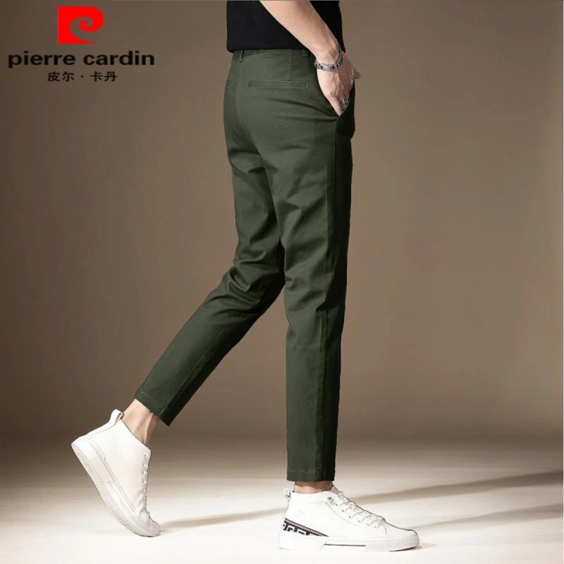 皮尔卡丹高端军绿色纯棉九分商务西裤男秋季新款修身男士休闲裤