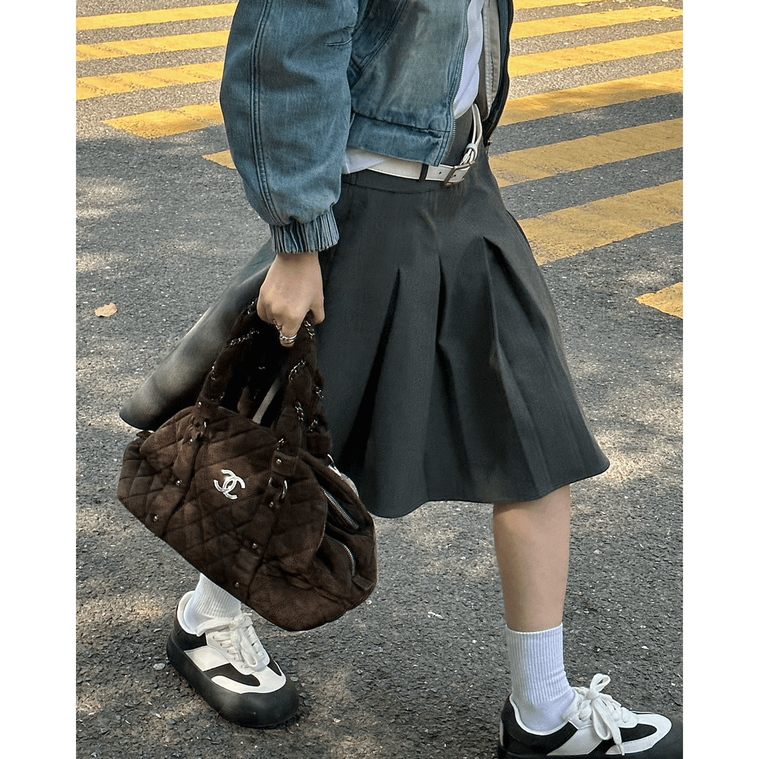 95新 Chanel/香奈儿 只盒/Chanel中古麻花巧克力麂皮保龄球手提包
