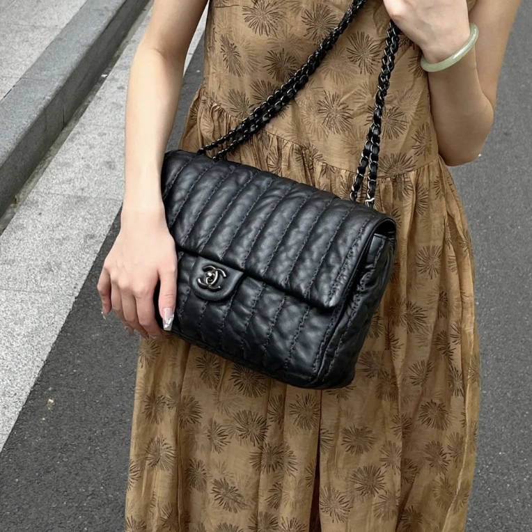 95新 Chanel/香奈儿 只盒/Chanel中古枪黑银泡芙cf链条包
