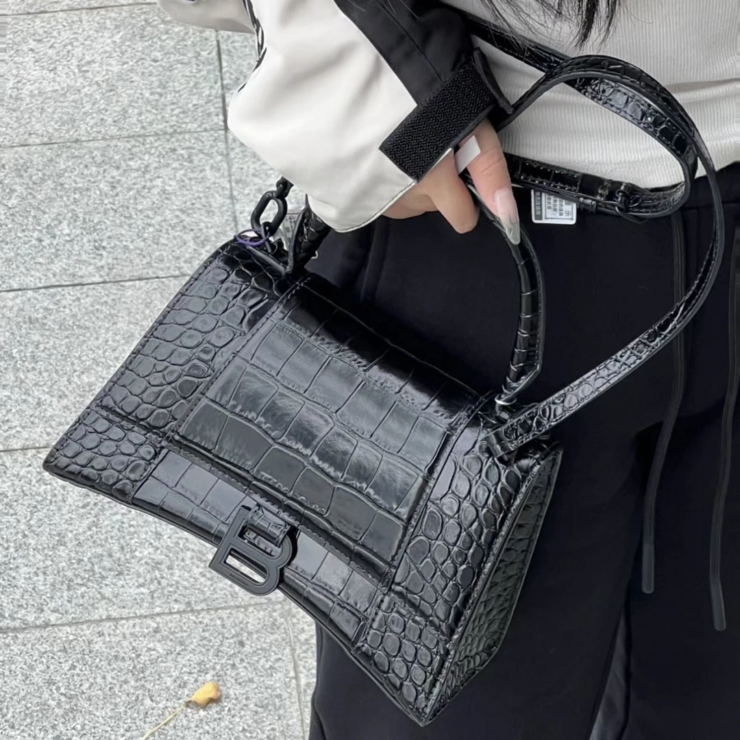 95新 Balenciaga/巴黎世家 只盒/Balenciaga纯黑鳄压S沙漏包