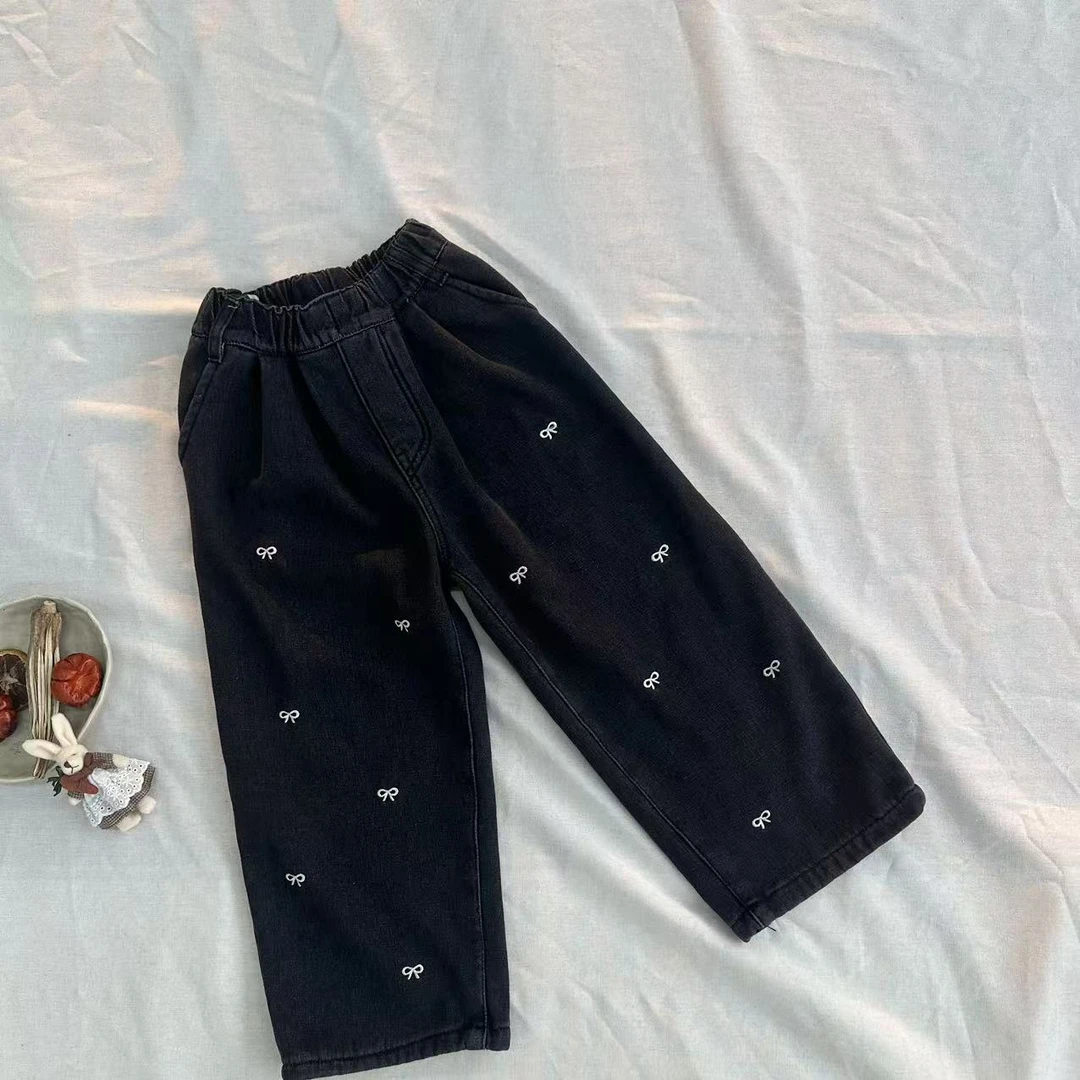 〖姐姐家〗2024冬款儿童萌娃穿搭满印蝴蝶结牛仔裤q273 sy3540