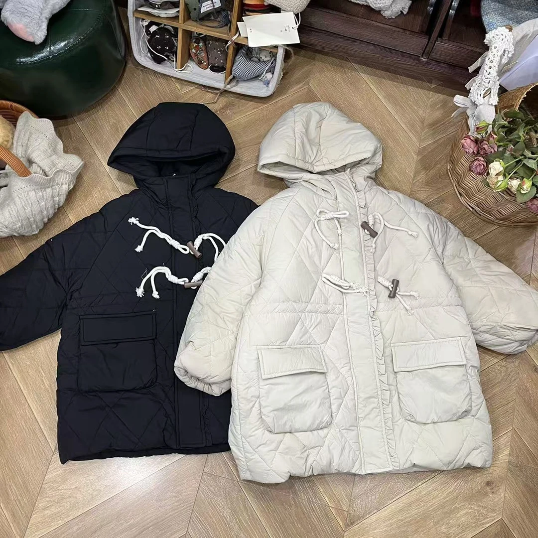 〖姐姐家〗2024冬款儿童萌娃穿搭门襟花边带帽棉袄外套243581