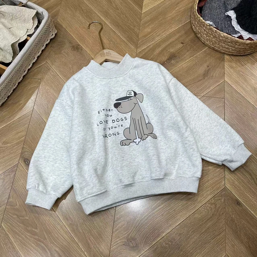 〖姐姐家〗2024冬款儿童萌娃穿搭带帽小狗印花长袖加绒卫衣lm9862