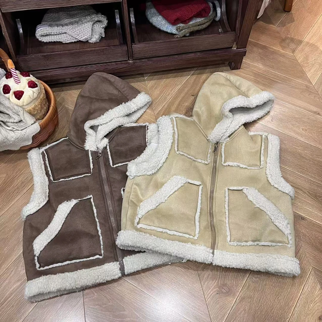 〖姐姐家〗2024冬款儿童纯色百搭洋气时尚毛毛带帽马甲327091