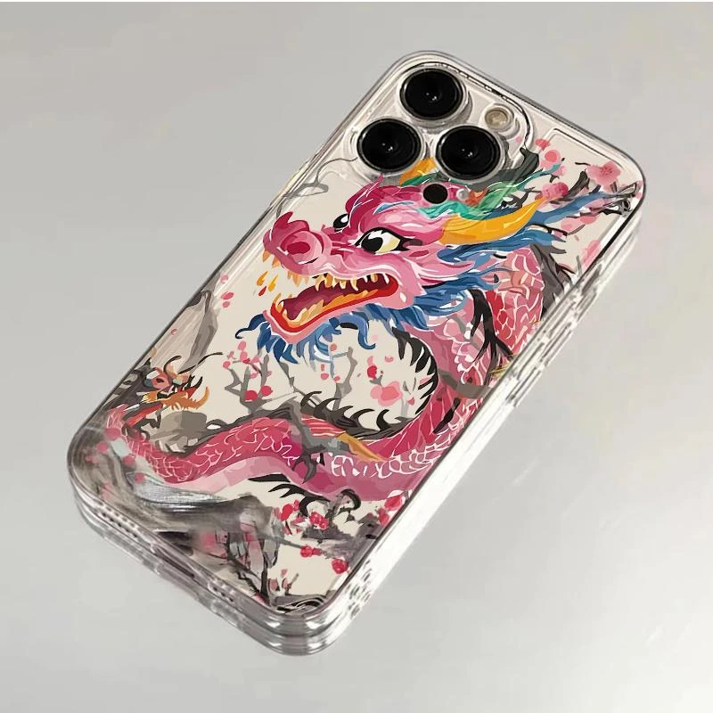新品水墨画粉色龙适用iphone15/13苹果14/12/XR防摔全包手机壳8