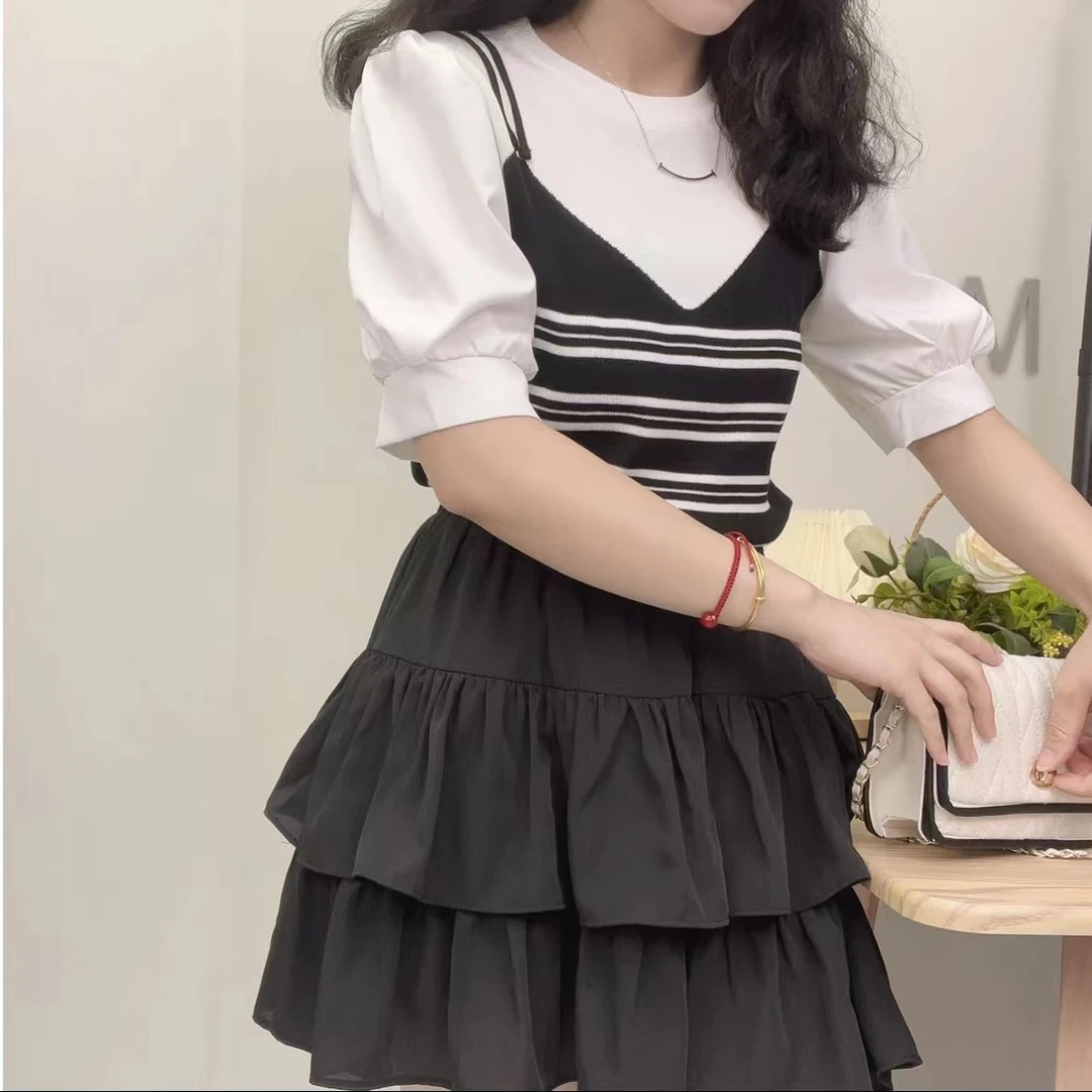 新款夏季法式泡泡短袖假两件百搭圆领条纹针织上衣女小个子显瘦