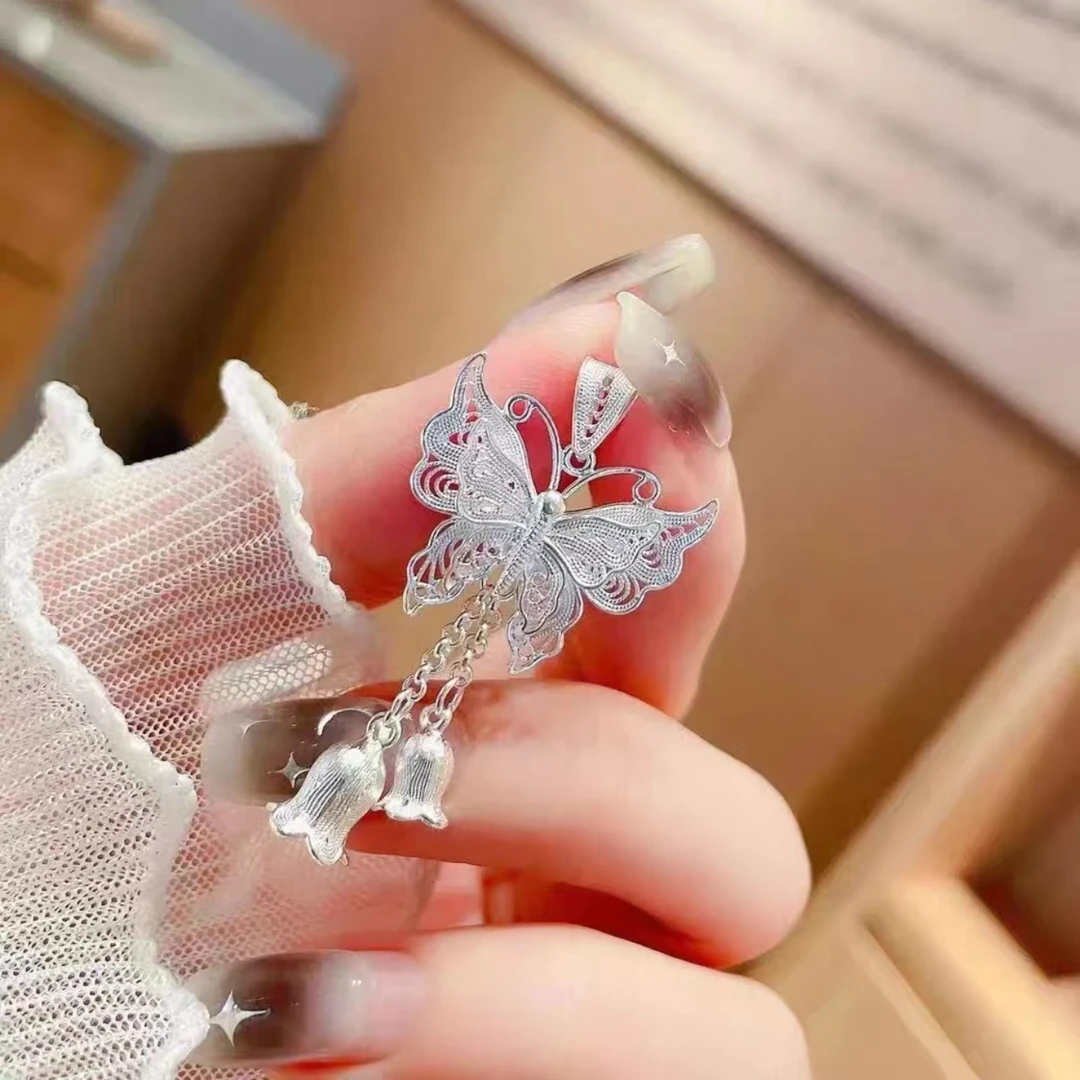 坠链均足银 足银990花丝蝴蝶流苏铃兰花复古【蝶恋花】吊坠古风仙女