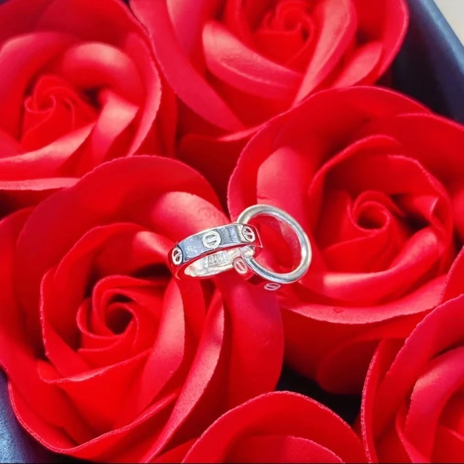 坠链均足银 坠链均足银 999纯银卡地双环吊坠项链女轻奢小众银饰