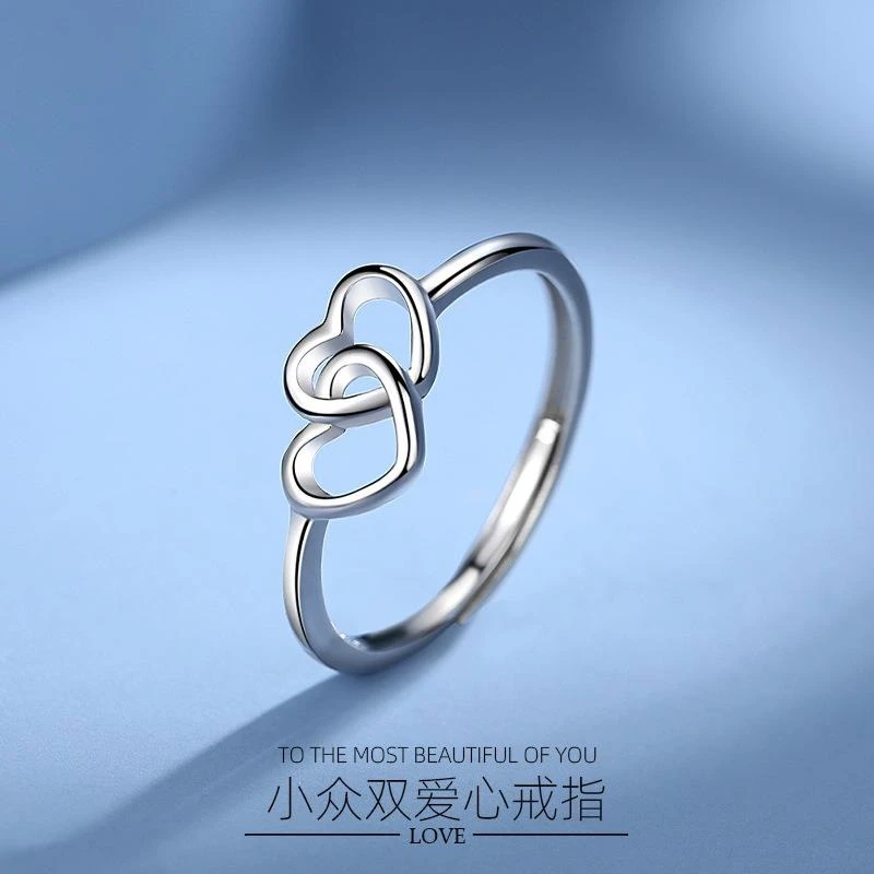 足银戒指 足银戒指 足银戒指 【心心相印戒指】锆石 足银990 简约