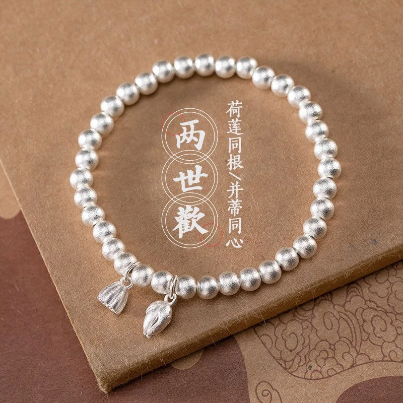 足银手链 足银手链 足银古法两世欢莲蓬手链女日韩珠子纯银手镯七