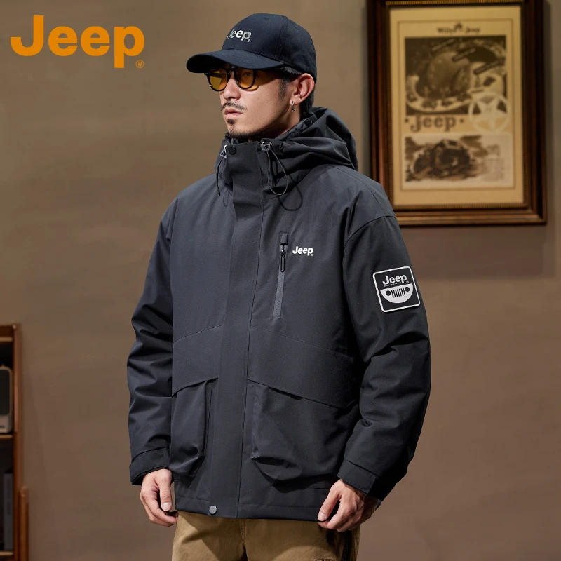 JEEP吉普三合一户外防风保暖夹克外套秋冬季连帽户外冲锋上衣男款