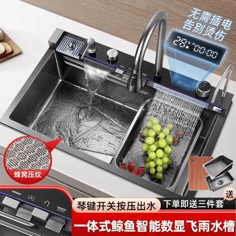 九牧王【5MM】加厚鲸鱼水槽按键蜂窝压纹飞雨瀑布大单槽厨房水槽