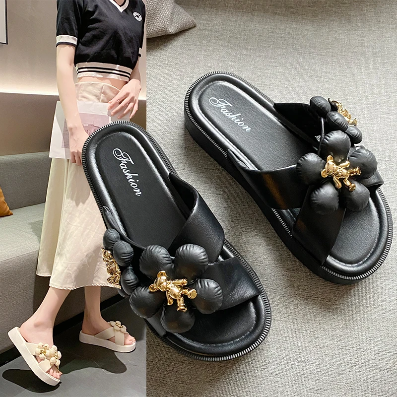 【SJZM】新款870-1小花熊时尚百搭网红夏季软底外穿女士拖鞋