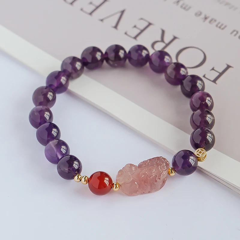 气质紫水晶手链草莓晶貔貅红玛瑙紫色水晶手链-Y0214