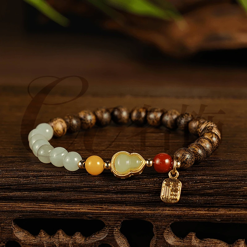 老型单圈和田玉手串沉香双色葫芦吊坠南红玛瑙串珠气质手链-6182