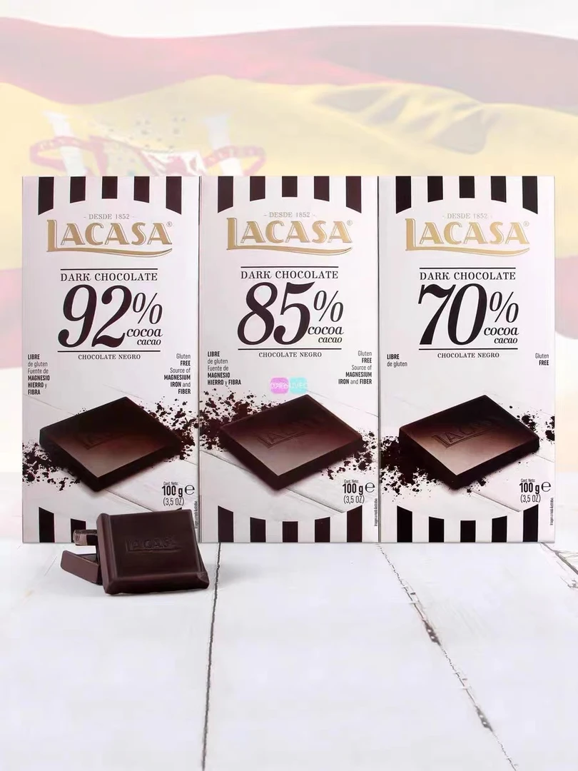西班牙进口lacaka乐卡莎香醇零食纯可可脂黑巧克力排块盒装100g