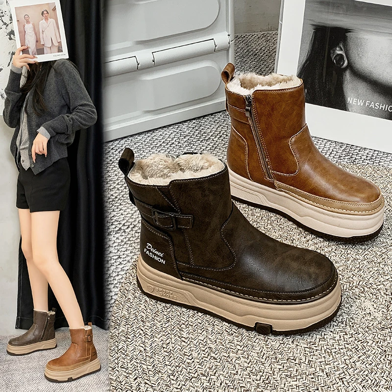 厚底加绒雪地靴女2024冬季新款加绒加厚马丁靴保暖短靴东北大棉鞋