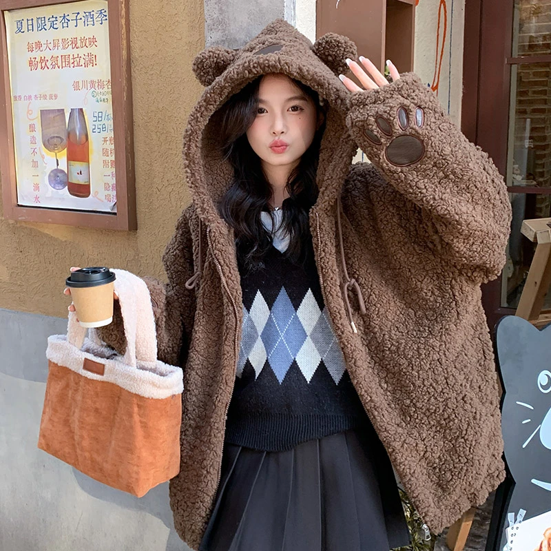 可爱小熊韩版外套2024秋冬季加厚新款连帽毛毛大衣