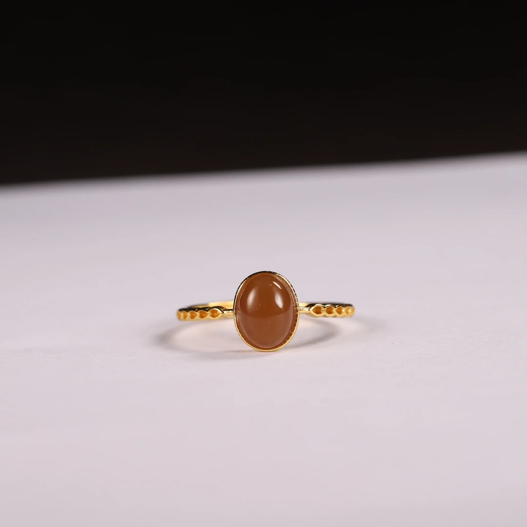 新疆和田玉红糖戒指女士简约镶嵌精美可调节指环