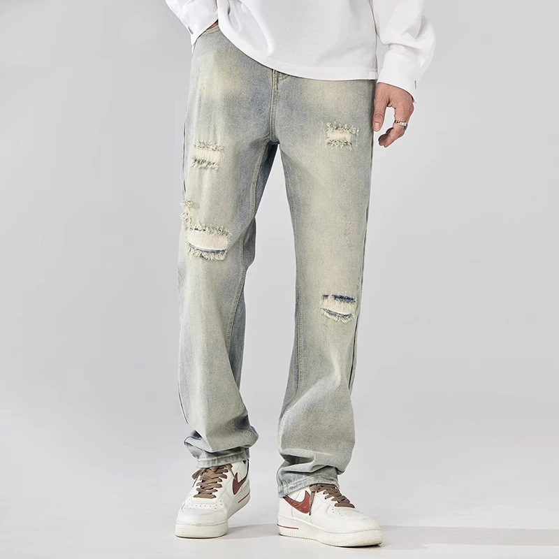 【童先森】美式复古牛仔裤男春夏破洞宽松直筒水洗做旧休闲百搭裤子