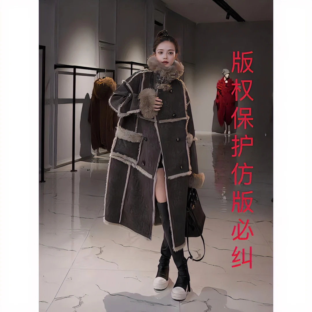 CC0717 新款兔毛皮毛一体长款外套