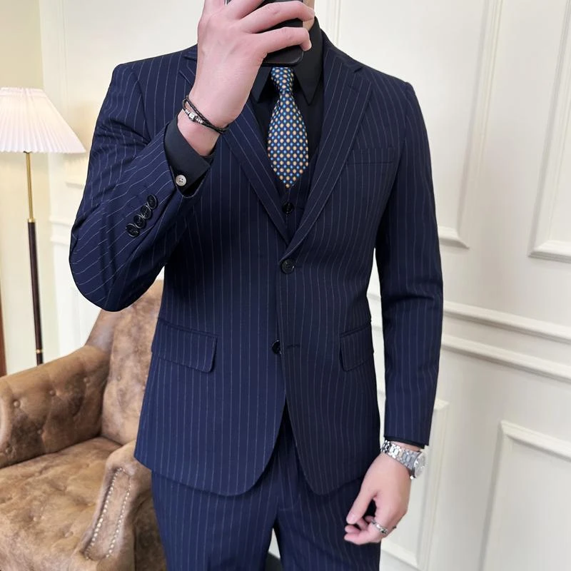 西服套装男三件套修身外套条纹小西装职业正装新郎痞帅结婚礼服潮