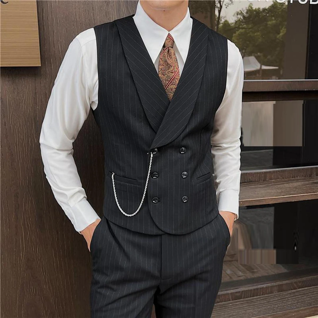 高级感条纹西服马甲套装男英伦风双排扣帅气伴郎结婚礼服西装背心