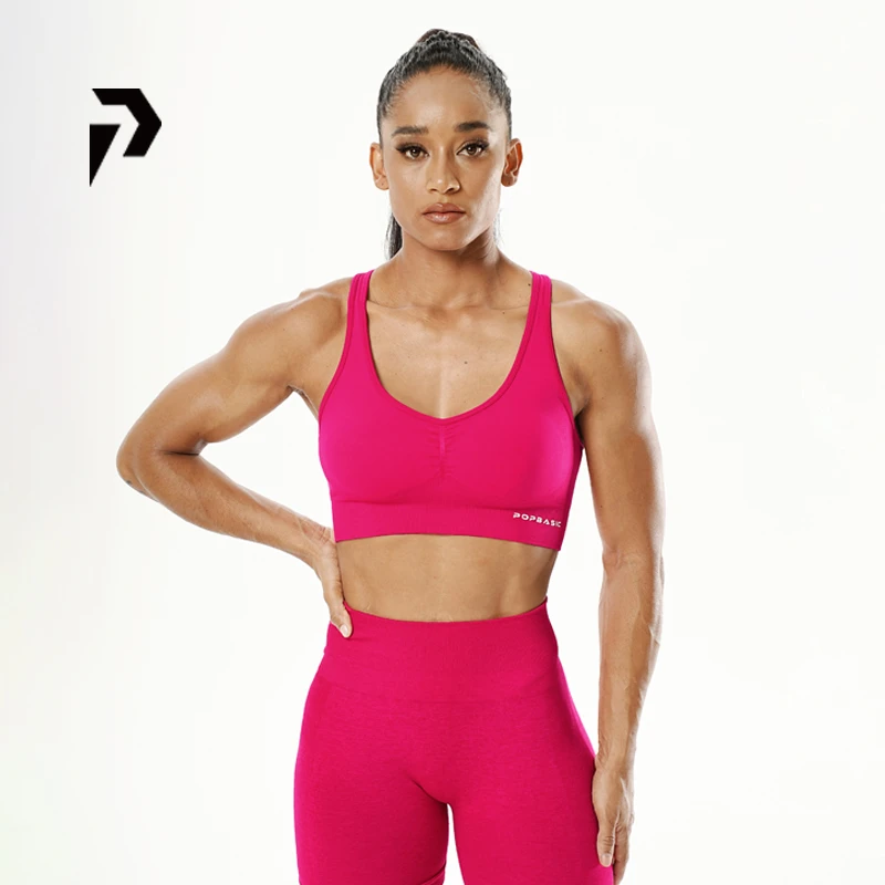 POPBASIC运动上衣健身服HIGHLIGHT系列防震时尚无缝带胸垫落日粉