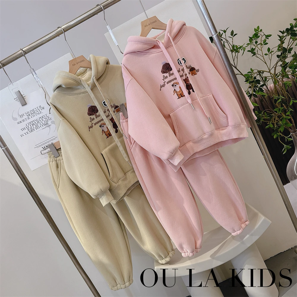 2023冬季新品女童韩版卡通印花卫衣休闲卫裤加绒童装套装99596