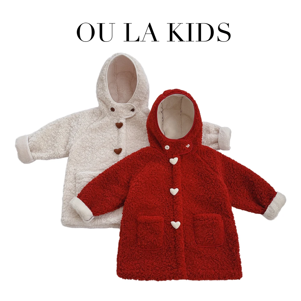 2023冬季新品女童甜美爱心羊羔绒加厚连帽中长款童装外套WT3065