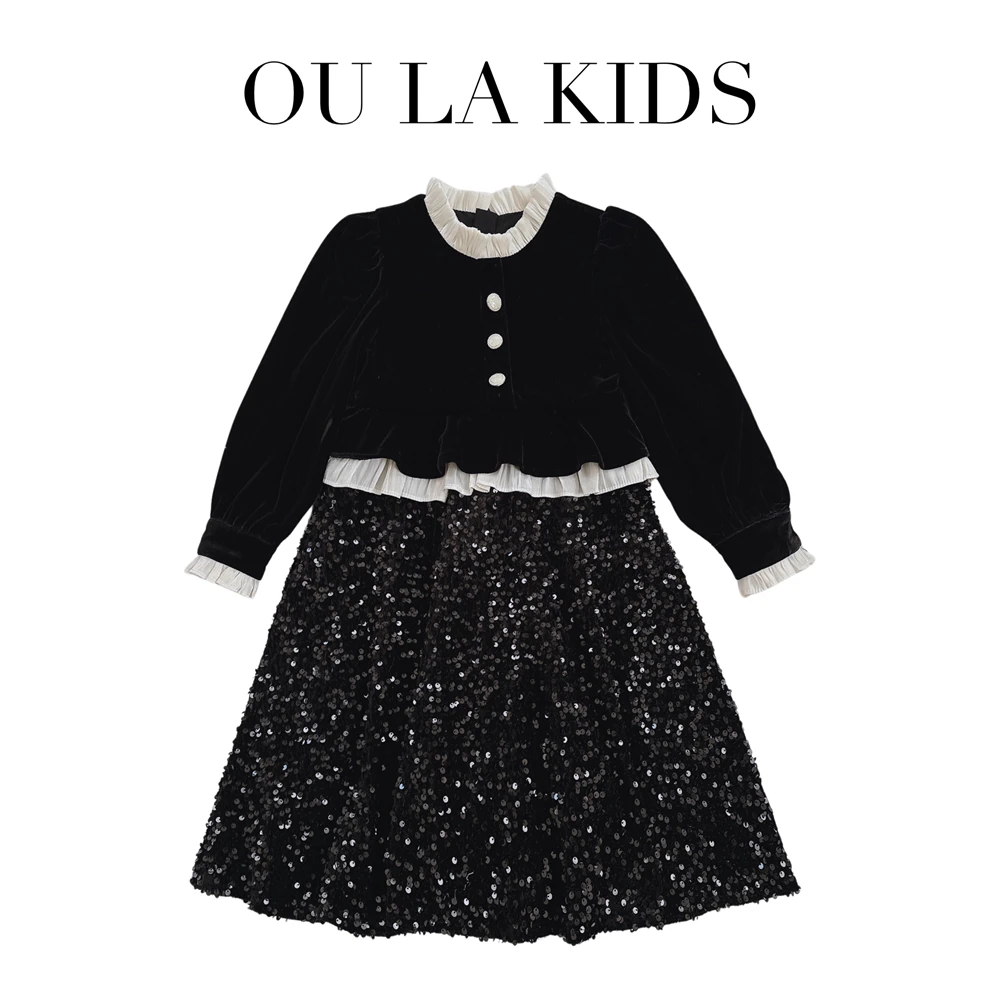 2023冬季新品名媛风假两件重工亮片丝绒裙童装连衣裙91022