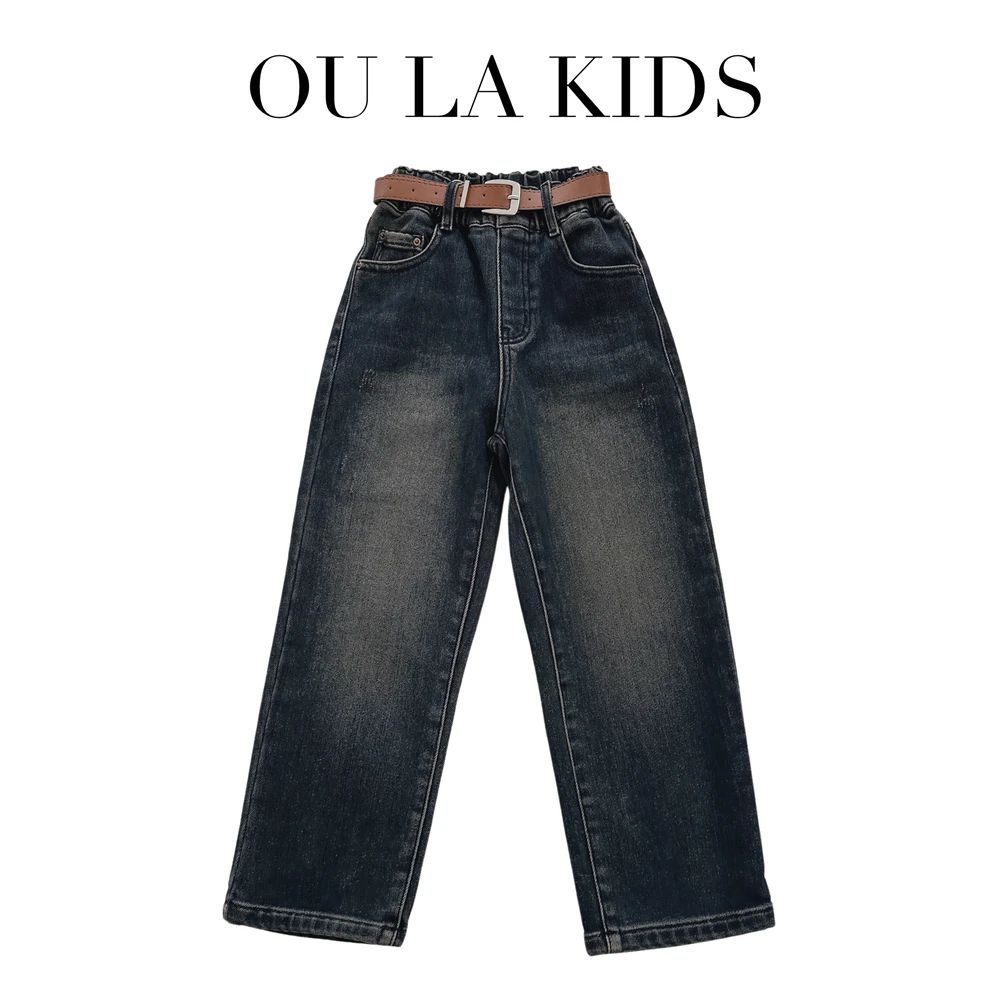 2023冬季新品女童欧范时髦复古砂洗百搭一体绒童装牛仔直筒裤3521