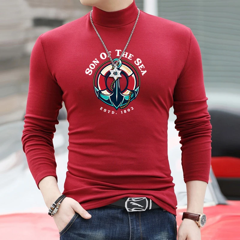男士半高领长袖打底衫舒适秋冬印花T恤上衣紧身大码内搭简约休闲