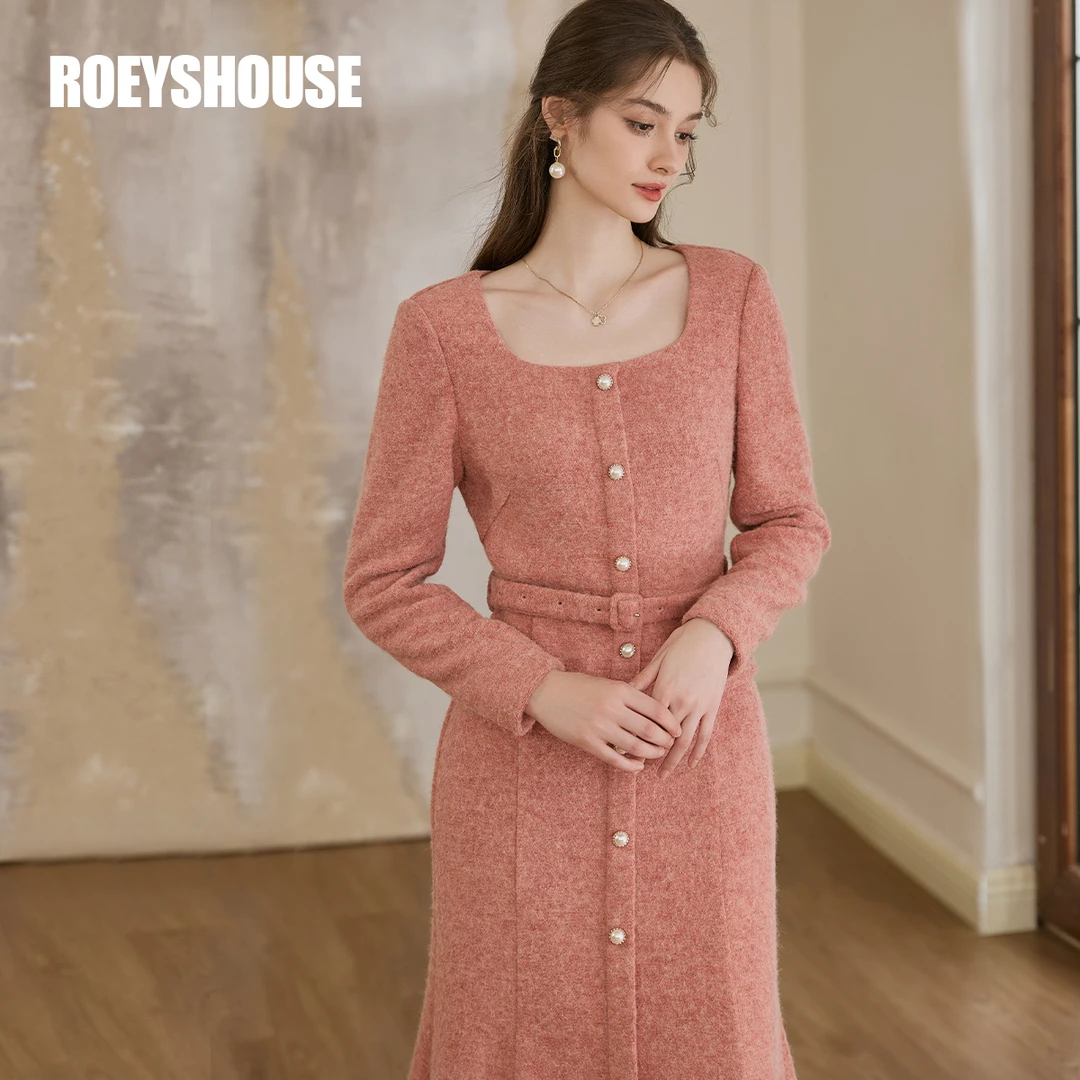 【小云总专享】罗衣高级方领2024冬新款法式毛呢鱼尾摆连衣裙11489