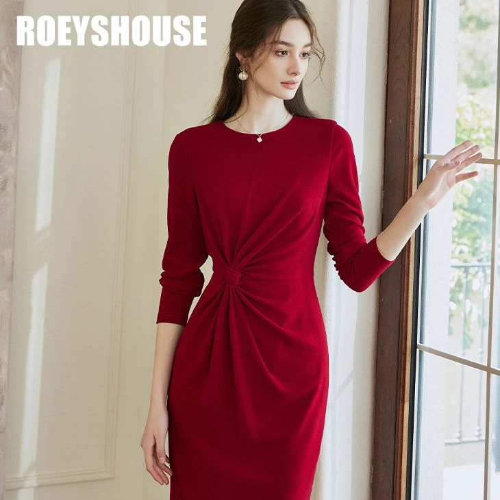 【京阳】罗衣修身连衣裙2024春装新款时尚酒红色包臀针织裙09917