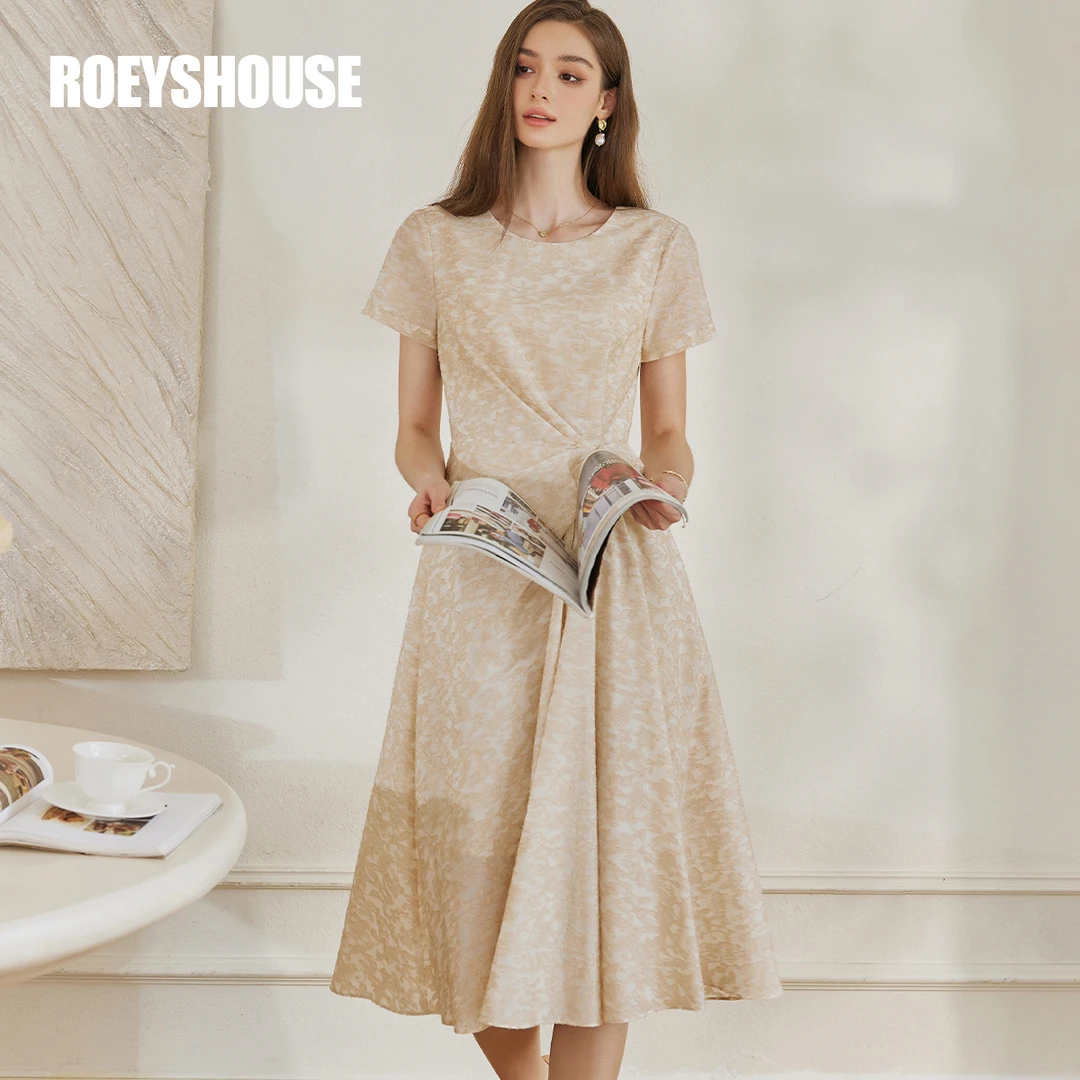 【小云总专享】罗衣气质提花扭结连衣裙女夏季杏色收腰中长裙10591