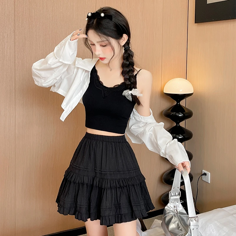 甜美荷叶边蛋糕裙女夏2024新款高腰显瘦防走光裙子A字短裙半身裙