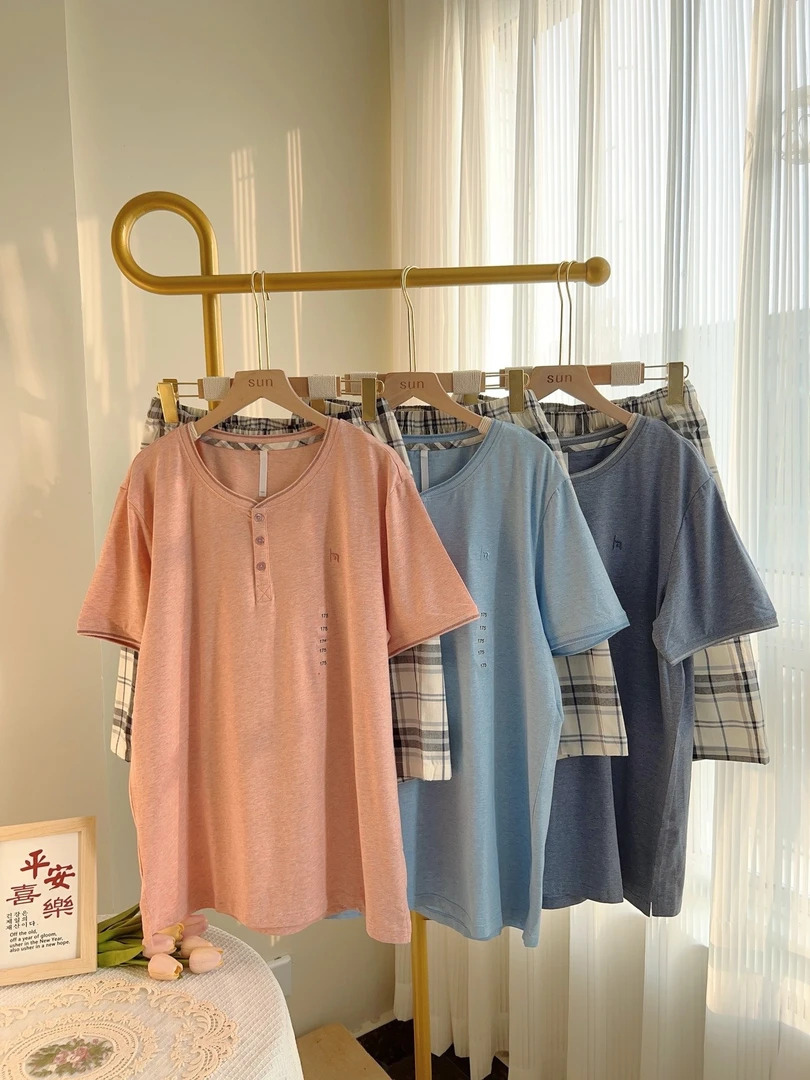 D情侣款格纹色纺棉短袖+纱布裤！居家服套装DXTZ