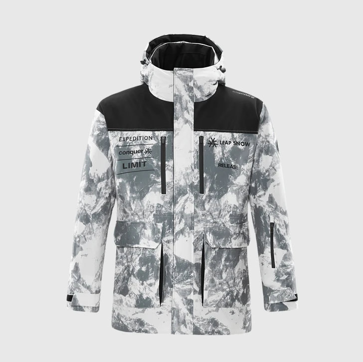 情侣款满身印花拼接款保暖石墨X90%鹅绒羽绒服外套135