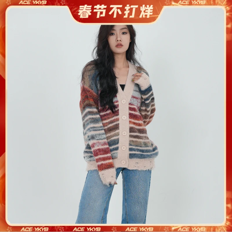 【限时反季】YKYB秋中性针织油画彩虹色渐变女士开衫毛衣Y34NCG067