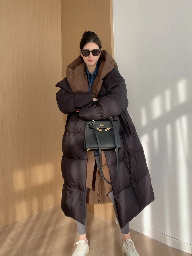 2.0升级时尚宽松加厚保暖连帽韩版过膝长款纯色假两件冬季外套女