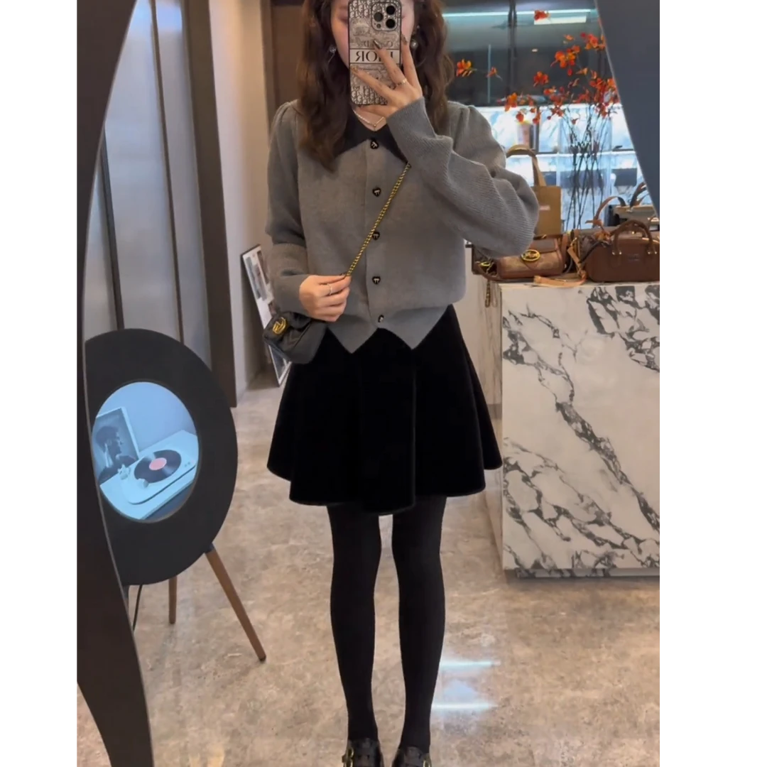 秋季气质小香风显瘦长袖针织毛衣开衫+百搭轻奢丝绒半身裙套装